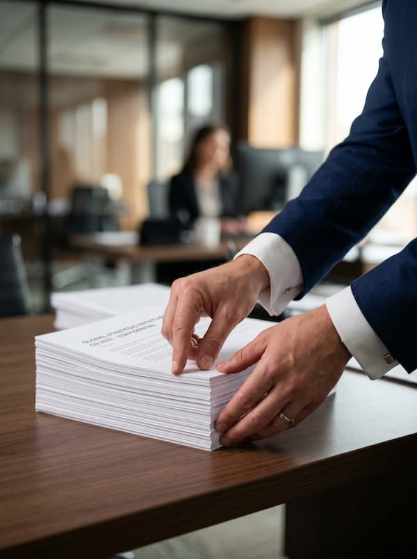 hrefekt-uporzadkowane-dokumenty-kadrowe Dłonie profesjonalisty w granatowym garniturze układające na biurku idealnie równy stos dokumentów firmowych, symbolizujące pełną kontrolę, porządek i bezpieczeństwo w kadrach.